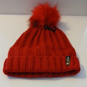 OXYGEN Women's Vibrant Red Beanie With Real Racoon Fur Pom-Pom NWT